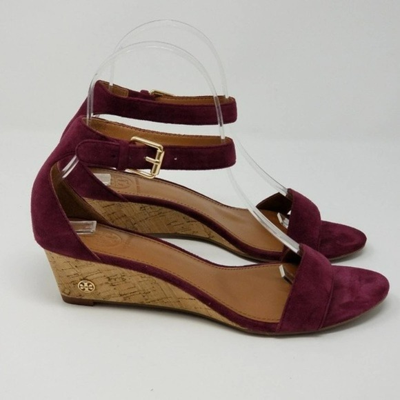 Tory Burch Savannah Cork Wedge Buckle Ankle Open Toe Burgundy Sandals Size 6.5 - Picture 2 of 7